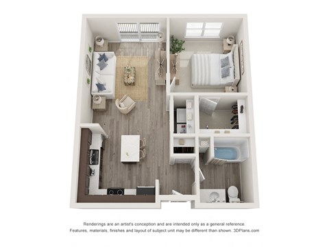 Floor plan for 1 bed, 1 bath, 672 sqft